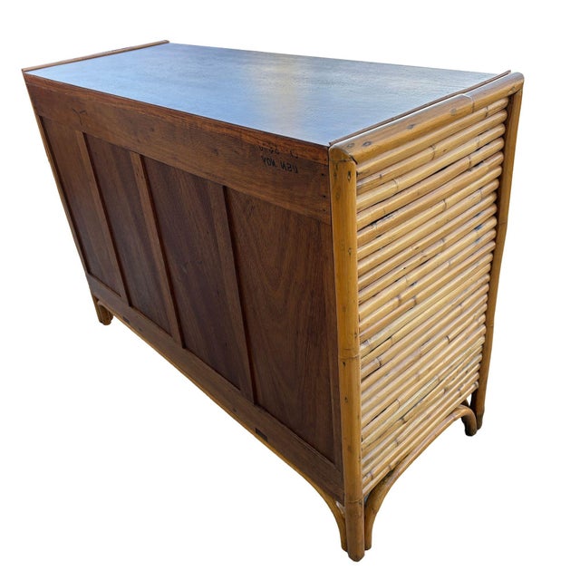 Restored Early Mid-Century Stacked Rattan Credenza Tv Stand W/ Mahogany Top For Sale In Los Angeles - Image 6 of 11