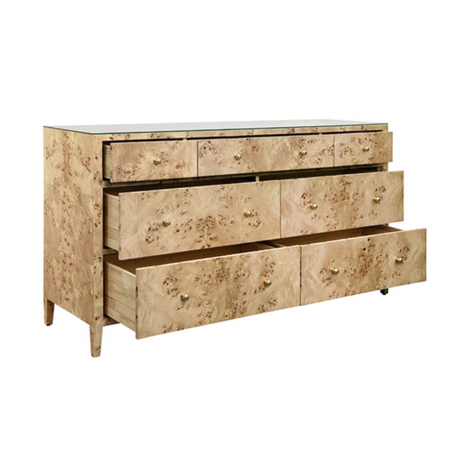 Worlds Away Matthew Izzo Home Carnegie Burlwood Seven Drawer Chest With Brass Knobs For Sale - Image 4 of 9