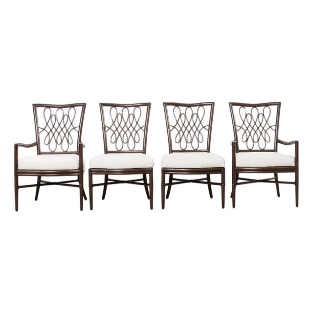 Set of Four Barbara Barry Rattan Script Dining Chairs For Sale