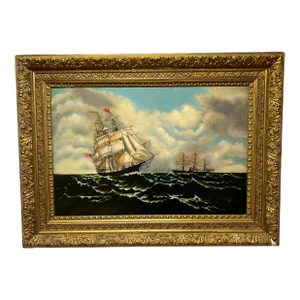 Large Scale Original Union Clipper Ship Oil on Canvas in Ornate Antique Frame