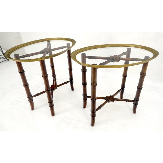 Pair Oval Brass Gallery Glass Top Faux Bamboo Bases End Side Tables Stands MINT For Sale - Image 16 of 16