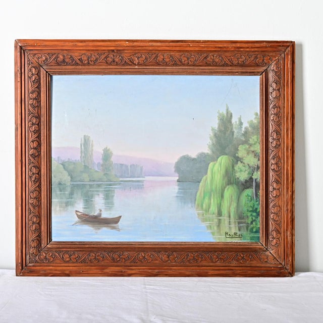 Wood French Vintage Framed Landscape Painting For Sale - Image 7 of 11