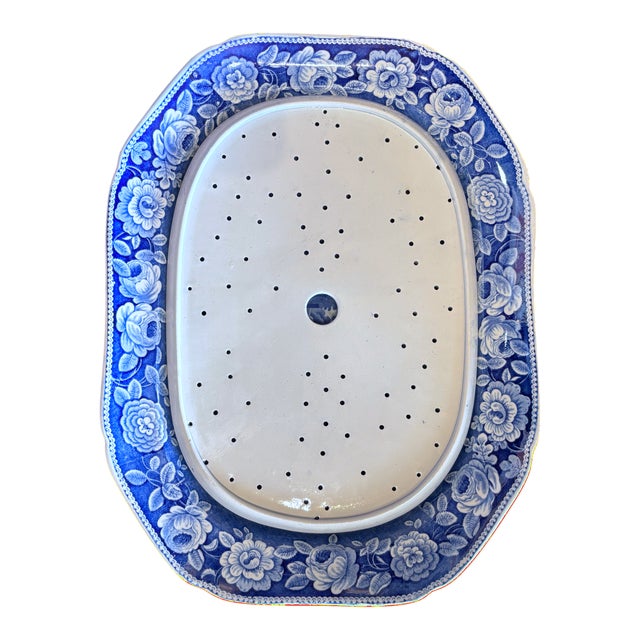 English Early 19th C. Blue and White Staffordshire Transferware Meat Drainer With Platter in "Village Church" Pattern - a Pair For Sale - Image 3 of 14