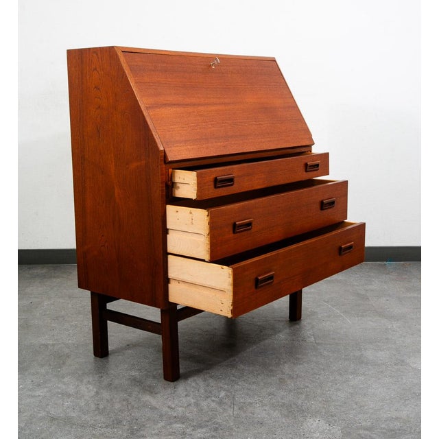 Mid Century Danish Modern Secretary Desk Bureau Denmark Teak Drawers Drop Down For Sale - Image 4 of 12