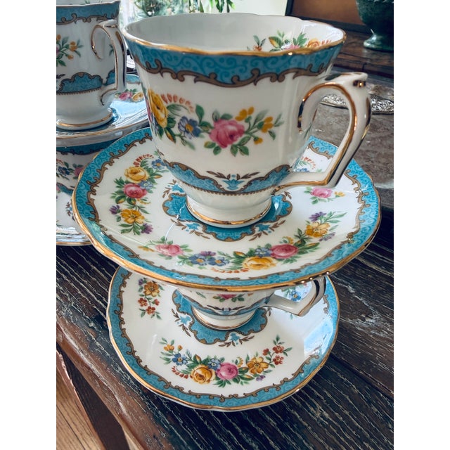 English Vintage Crown Staffordshire Lyric Tunis Blue Fine Bone China – 6 Small Teacups & Saucers – 12 Piece Set – England For Sale - Image 3 of 12