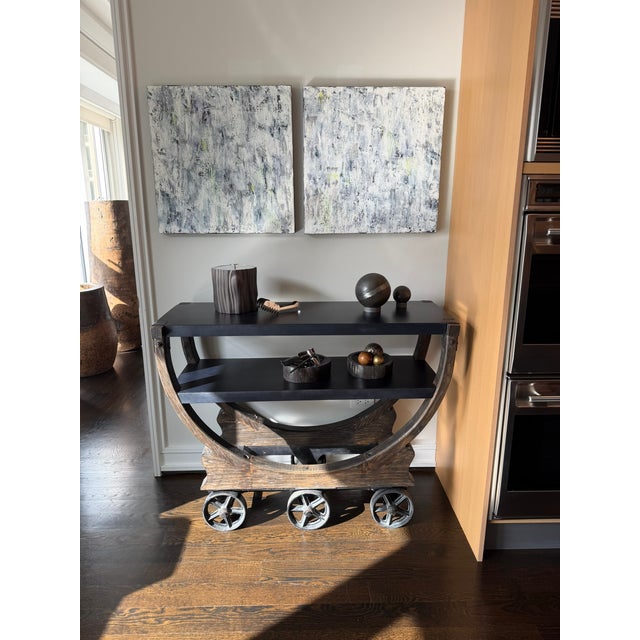 Contemporary Restoration Hardware Bar Cart — Industrial Modern, Sculptural Wheels, Two‑Tier Design For Sale - Image 3 of 8