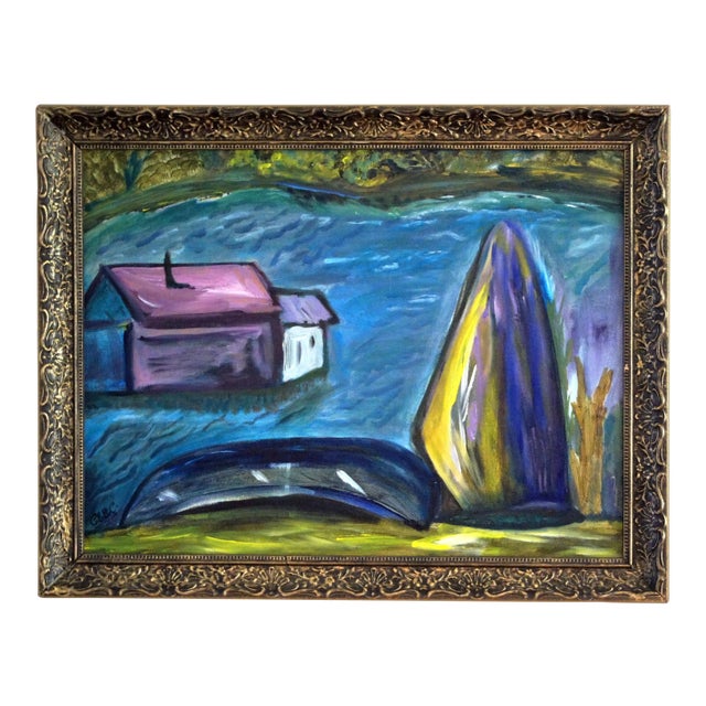 1980s Colette Calilhanna "Purple Village" Expressionist Acrylic Framed Painting For Sale