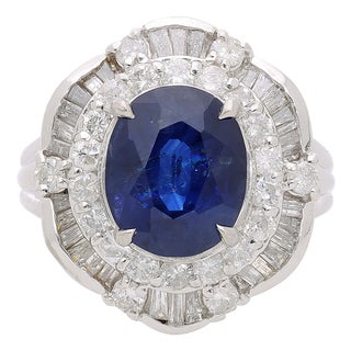 Gia Certified 4.15 Carat Oval Thai Sapphire & Diamond in Platinum Vintage Ring, Size 7 For Sale