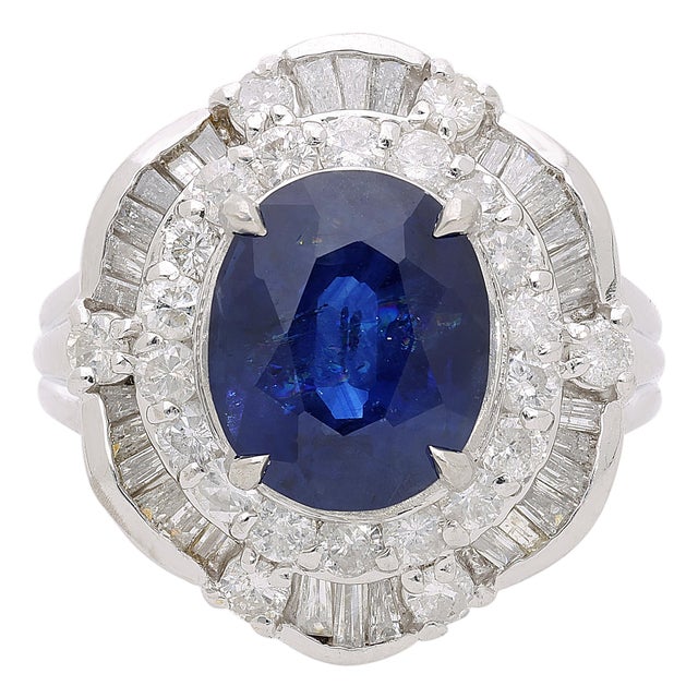 Gia Certified 4.15 Carat Oval Thai Sapphire & Diamond in Platinum Vintage Ring, Size 7 For Sale