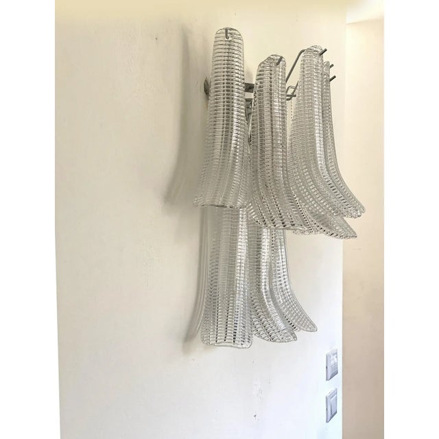 Glass Modern Mazzega-Style “Selle” Murano Glass Wall Sconces With Diamond-Cut Transparency — Set of Four For Sale - Image 7 of 11