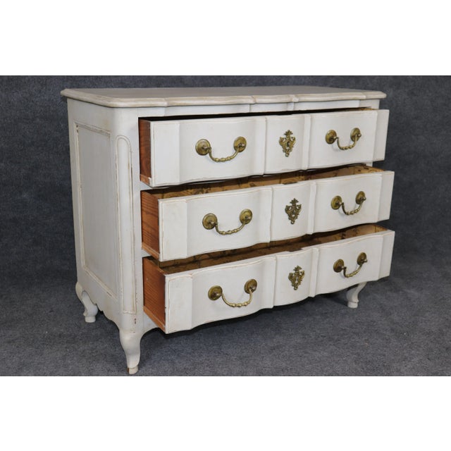 French Gorgeous Distressed Creme Paint Decorated Louis XV Commode Dresser Circa 1930s For Sale - Image 3 of 12