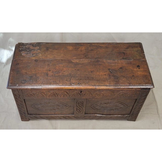 Renaissance Antique 1800s English Carved Oak Coffer Storage Trunk Box For Sale - Image 3 of 12