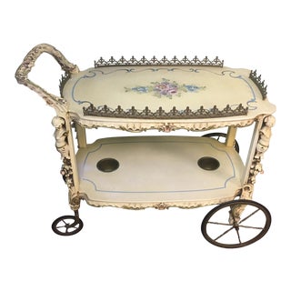 Antique Hand Painted Wooden Tea Cart For Sale