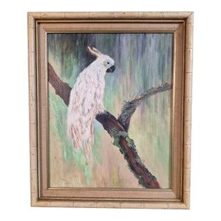 Vintage Marjorie Weaver Tropical Cockatoo Painting - Palm Beach Chic Florida Hollywood Regency Faux Bamboo For Sale