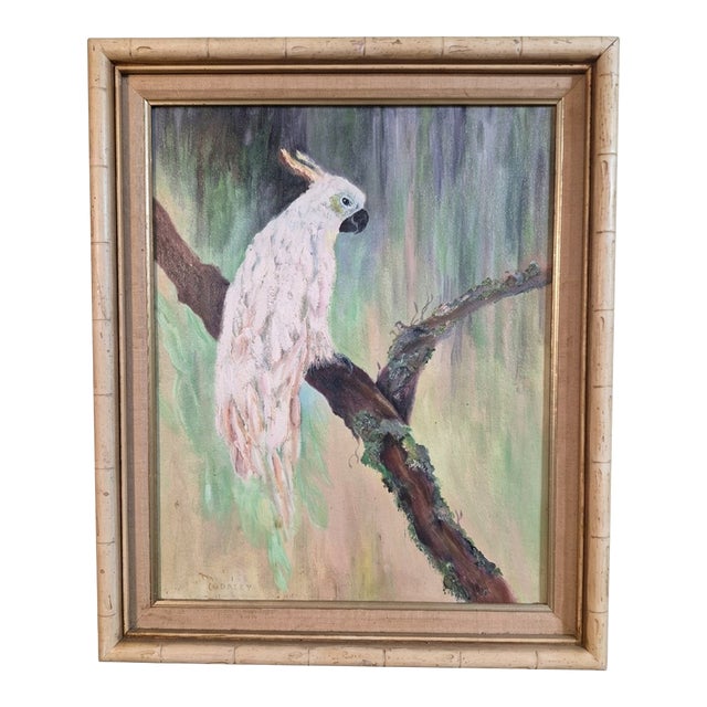 Vintage Marjorie Weaver Tropical Cockatoo Painting - Palm Beach Chic Florida Hollywood Regency Faux Bamboo For Sale