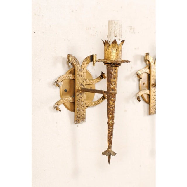 Mid 20th Century French Torch-Style Hammered Iron Sconces - A Pair For Sale - Image 5 of 10