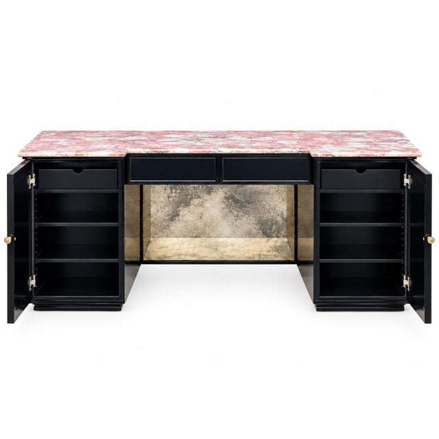 Hollywood Regency Lacquered & Mirrored Credenza / Vanity / Desk /Sideboard W/ Pink Marble & Tole Doo For Sale - Image 10 of 11