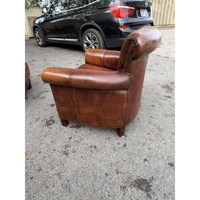 Brown Pair of French Leather Club Chairs For Sale - Image 8 of 14