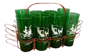Mid-Century Anchor Hocking Green Glasses & Carrier Set- 9 Pieces