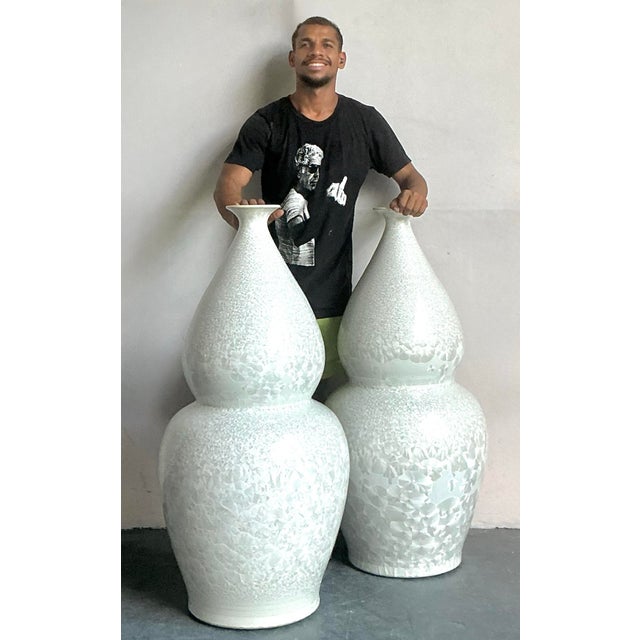 Vintage Regency Monumental Crystal Glazed Ceramic Gourd Floor Vase - A Pair For Sale - Image 4 of 11