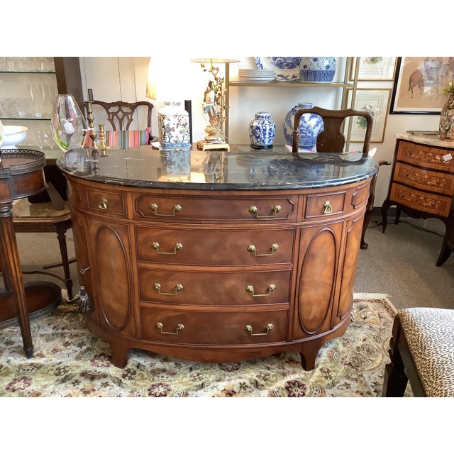 Brown Vintage Walnut Demilune Cabinet or Sideboard With Black Marble Top For Sale - Image 8 of 9