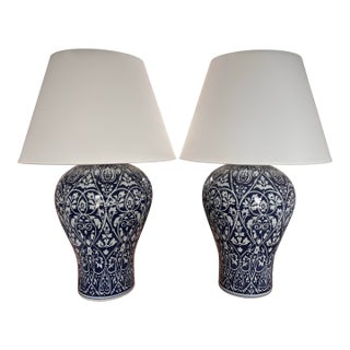 Contemporary Blue and White Ikat Pattern Ralph Lauren Over-Sized Jar Lamps With White Linen Shades, a Pair For Sale