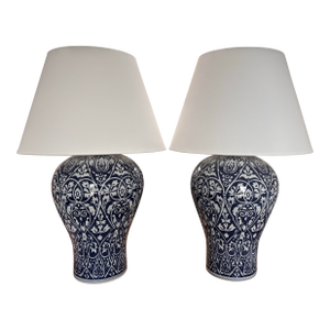 Contemporary Blue and White Ikat Pattern Ralph Lauren Over-Sized Jar Lamps With White Linen Shades, a Pair