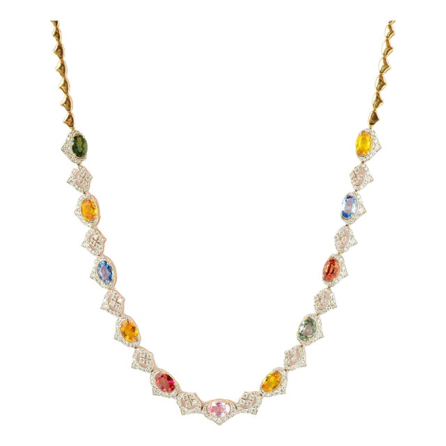 Natural multi sapphire 8.85cts & diamond 2.50cts necklace in 18k gold For Sale