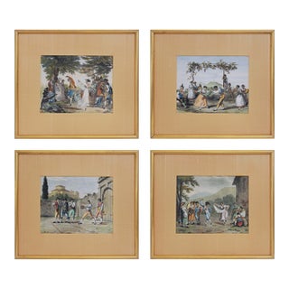 Antique Italian Lithograph Hand-Colored Set of 4 Traditional Dances & Games Silk Mats Gilt Frames For Sale