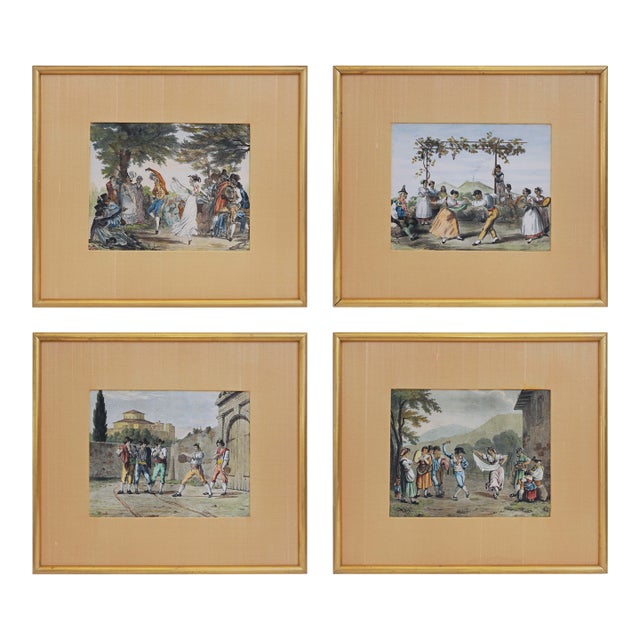 Antique Italian Lithograph Hand-Colored Set of 4 Traditional Dances & Games Silk Mats Gilt Frames For Sale