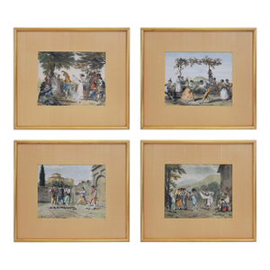 Antique Italian Lithograph Hand-Colored Set of 4 Traditional Dances & Games Silk Mats Gilt Frames