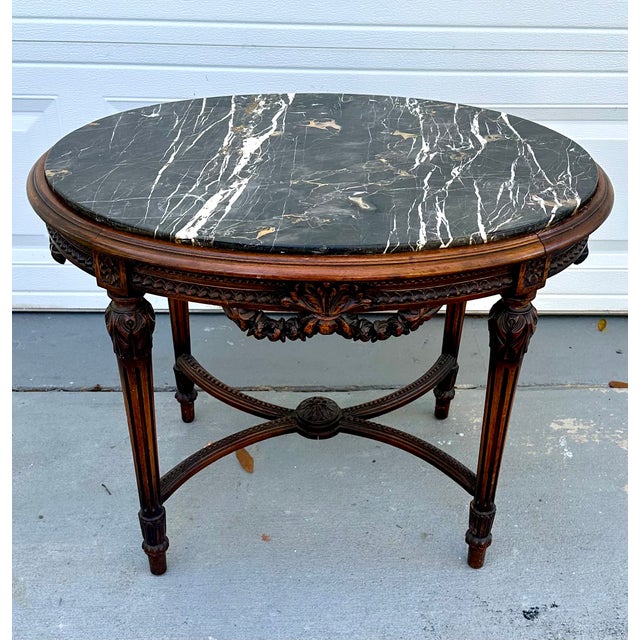 French Antique Louis XVI Style Oval Carved Mahogany and Marble Top Coffee Table, Side Table For Sale - Image 3 of 12