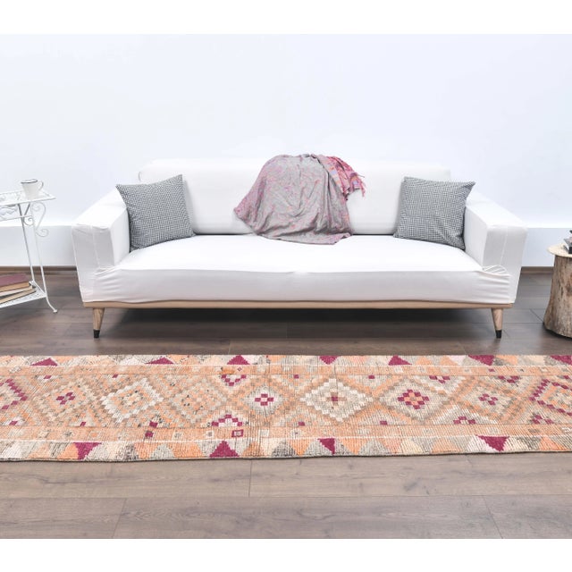 Turkish 2'5x12'8 Vintage Orange Geometric Turkish Hand-Knotted Runner Rug For Sale - Image 3 of 9