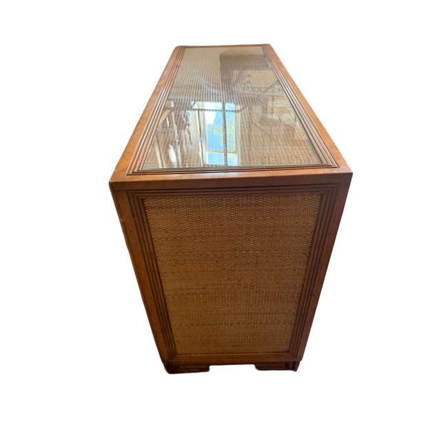 Beautiful vintage Drexel bamboo, wood, rattan, woven cane wicker, brass cabinet credenza buffet dresser. Comes with inset...