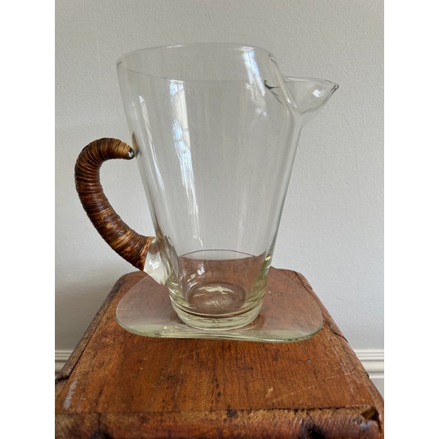 Vintage Carl Aubock Style Pitcher With Rattan Wrapped Handle and Attached Underplate For Sale - Image 11 of 12