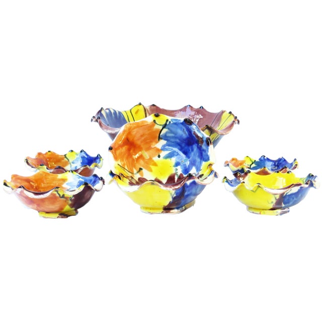 Colorful Contemporary Mexican Pottery Serving Bowl Set, 1 Large + 6 Individual For Sale - Image 9 of 9