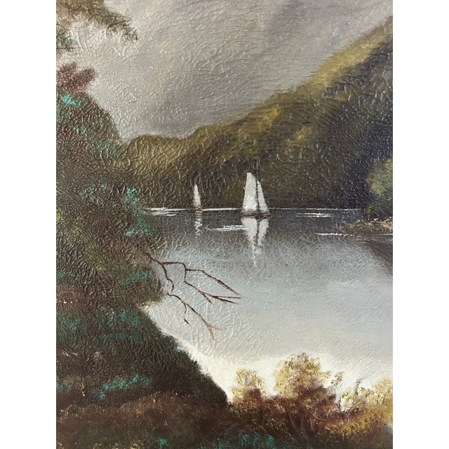 Late 19th Century Large Antique Victorian Adirondack Landscape Oil Painting Mountain Lake With Sailboats in Ornate Gold Frame For Sale - Image 5 of 11
