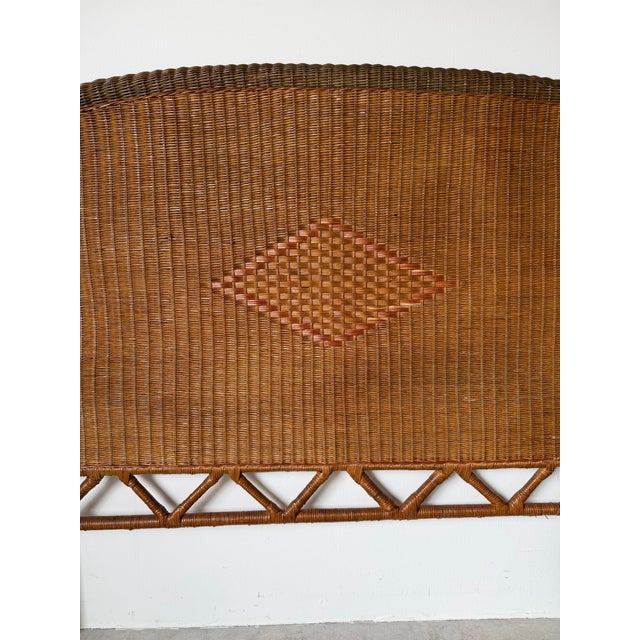 Vintage Coastal Boho-Chic Arched Rattan & Wicker Queen Size Headboard With Woven Diamond Accent For Sale - Image 10 of 13