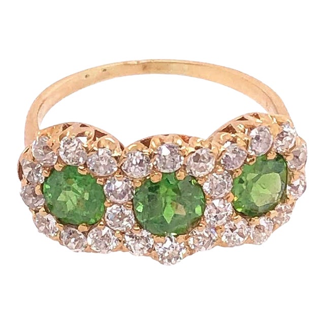 Three-Stone Emerald and Diamond Modern Ring, Size 5.5 For Sale
