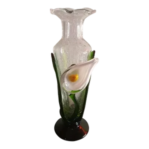 1980s Bubble Art Glass Ruffled Vase With Applied Cala Lilly Figurine