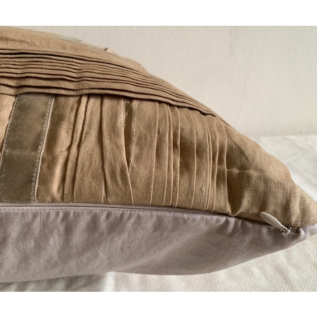 Contemporary Hand-Pleated Metallic Linen Pillow With Velvet Cross Pattern ( Insert Included ) For Sale - Image 3 of 6
