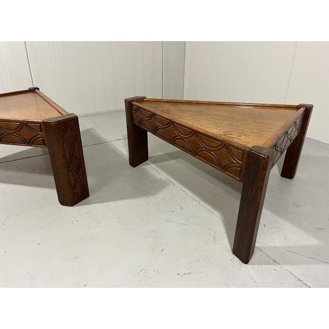 Brutalist Triangular Shaped Oak Coffee Side Tables, 1970s, Set of 2 For Sale - Image 16 of 18