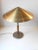This model B146 patinated brass table or desk lamp has a partially perforated cone-shaped shade and a stem with mahogany...