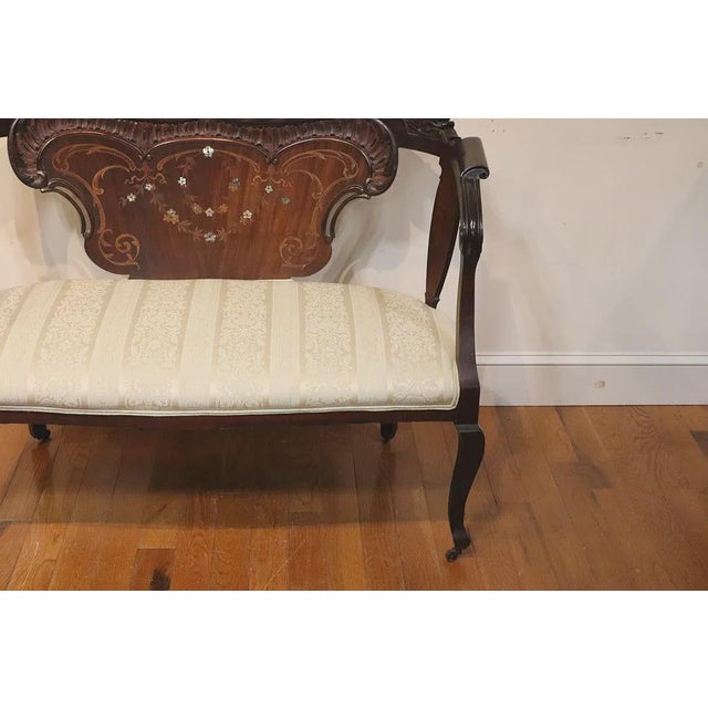Late 19th Century Antique French Style Mahogany Love Seat With Satinwood Inlay Mother of Pearl For Sale - Image 5 of 5