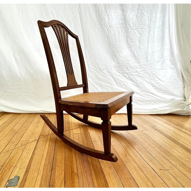 English Vintage Cane Seat Rocking Chair in British Colonial Style For Sale - Image 3 of 7