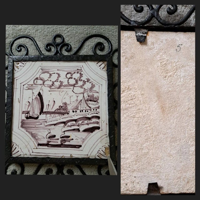 Mid 19th Century Dutch Manganese Delft Decorative Framed Tiles Nautical Scenes- Set of 4 For Sale - Image 9 of 12