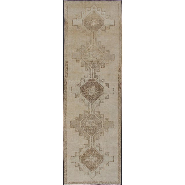 Vintage Hand Knotted Turkish Oushak Runner With Geometric Design in Ivory, L.Brown and Taupe For Sale - Image 13 of 13