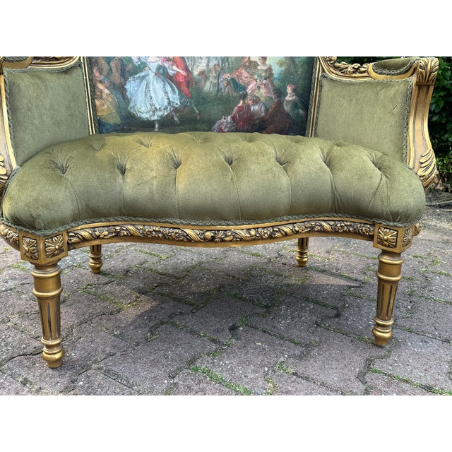 1960s Artisan Louis XVI Gold Beech Green Velvet Settee-1 Pc For Sale - Image 10 of 12
