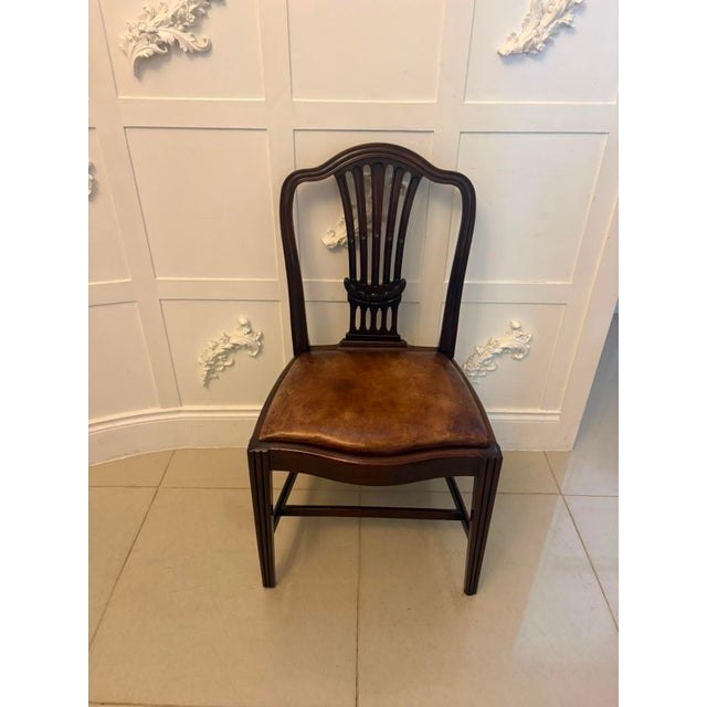 Antique Victorian Hepplewhite Mahogany Shield Back Dining Chairs with Carvers in Tan Leather, 1890, Set of 8 For Sale - Image 11 of 18