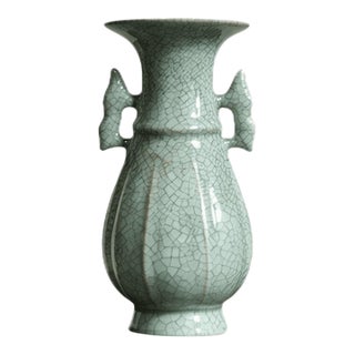 Chinese Ceramic Vase,Guan Ware Crackle Glaze Celadon Porcelain Double Ears Vase For Sale